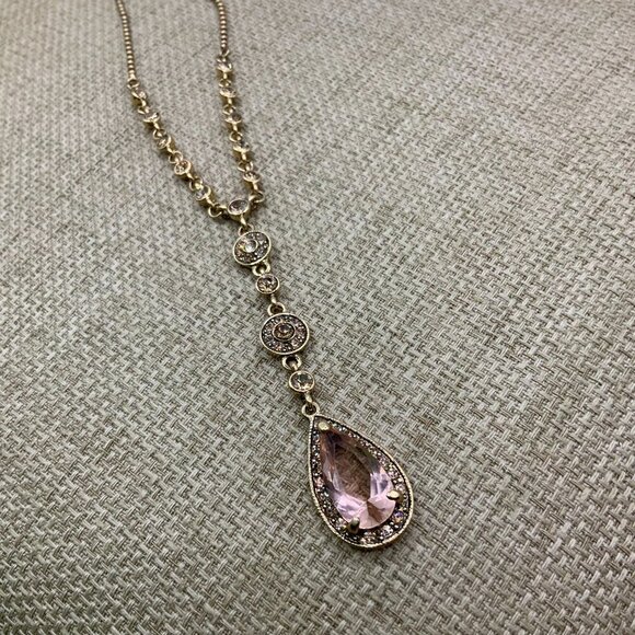 Monet Elegant Vintage Inspired Champagne Teardrop Y Drop Gold Tone Necklace - Picture 3 of 9